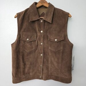 VTG Agapo Collection Womens Large Brown Suede Vest Embroidered Boho Western *fla